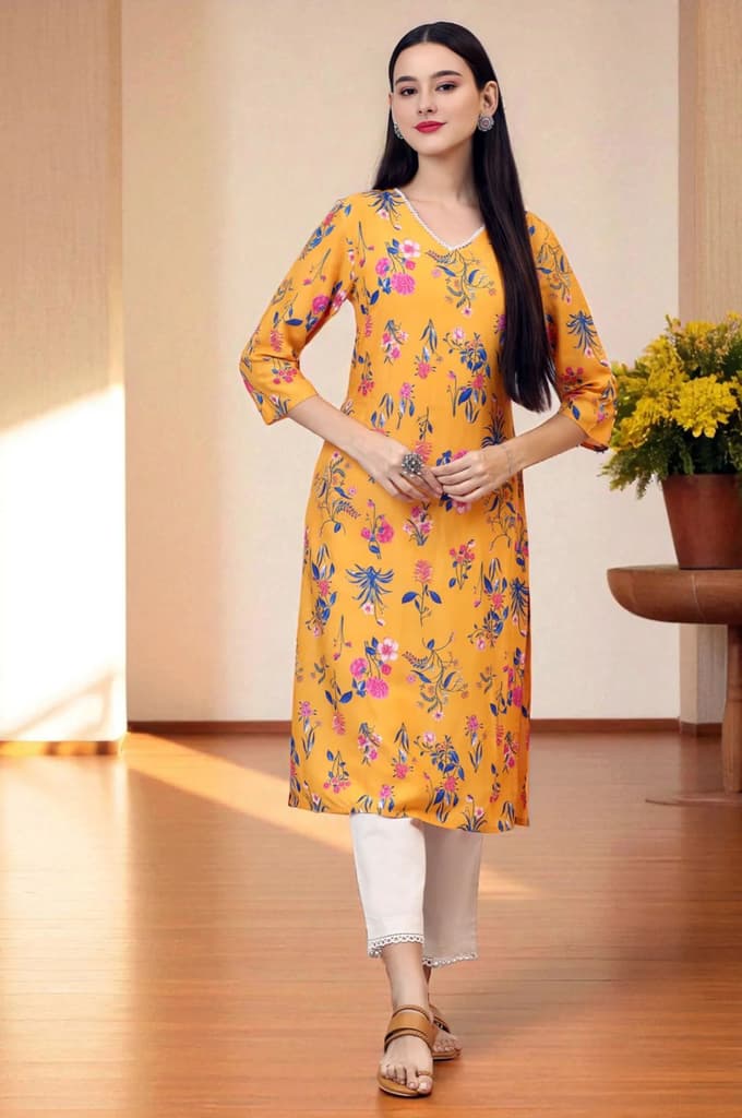 Yellow Floral Printed Modal Straight Kurta with Lace — XS