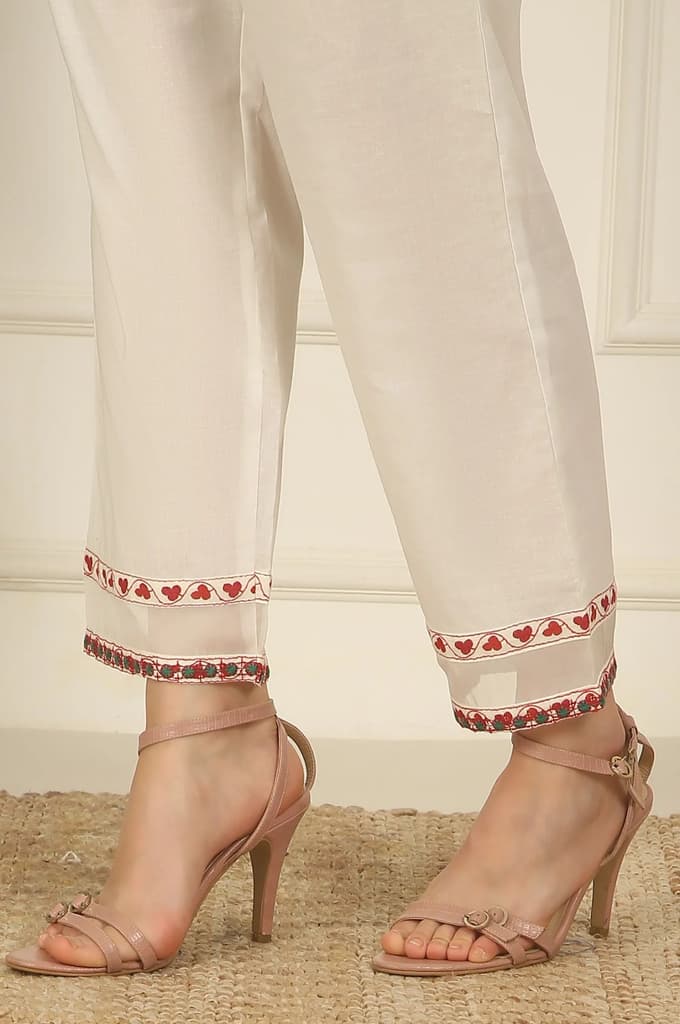 White and Pink Printed Cotton Lurex Anarkali Spaghetti Kurta, Pants and Dupatta Set — photo 10