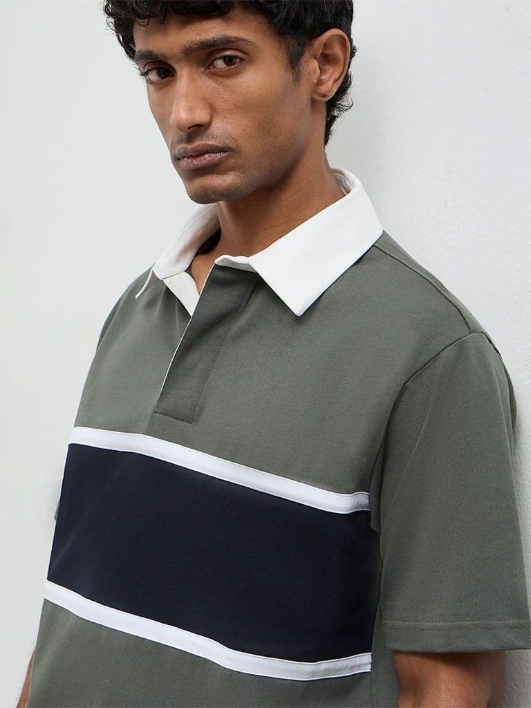 WES Casuals Olive Relaxed-Fit Cotton-Blend Polo T-Shirt — photo 4