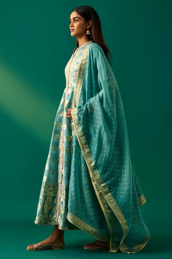 Aqua Green Zari Embroidered Jacquard Anarkali and Dupatta Set — photo 4