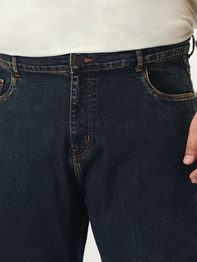 Plus Men's Dark Blue Straight Fit Heavy Washed Jeans Stretchable — photo 5