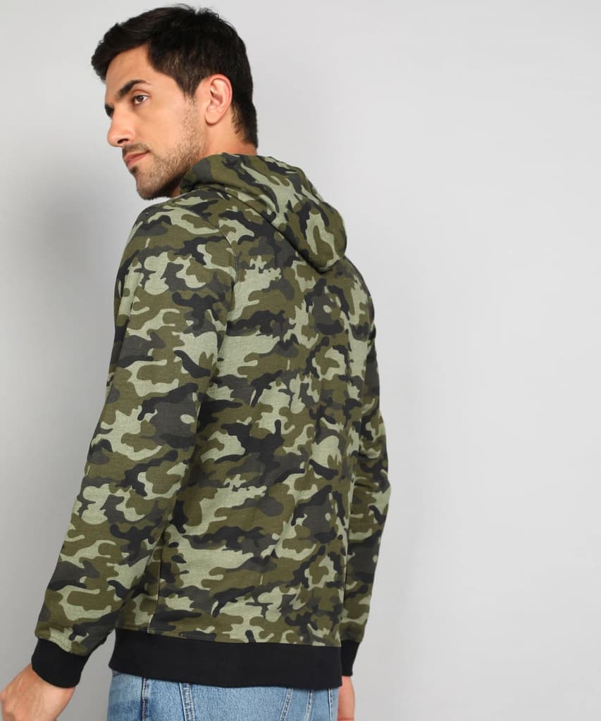 Men's Khaki Green Regular Fit Camouflage Printed Full Sleeve Casual Hooded Sweatshirt — photo 3