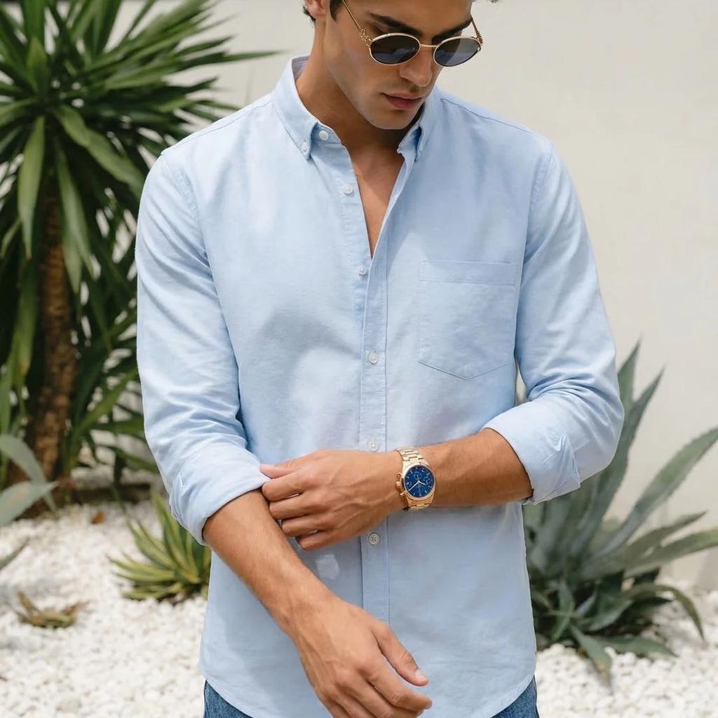Men's Light Blue Cotton Full Sleeve Regular Fit Solid Oxford Shirt With Button-Down Collar