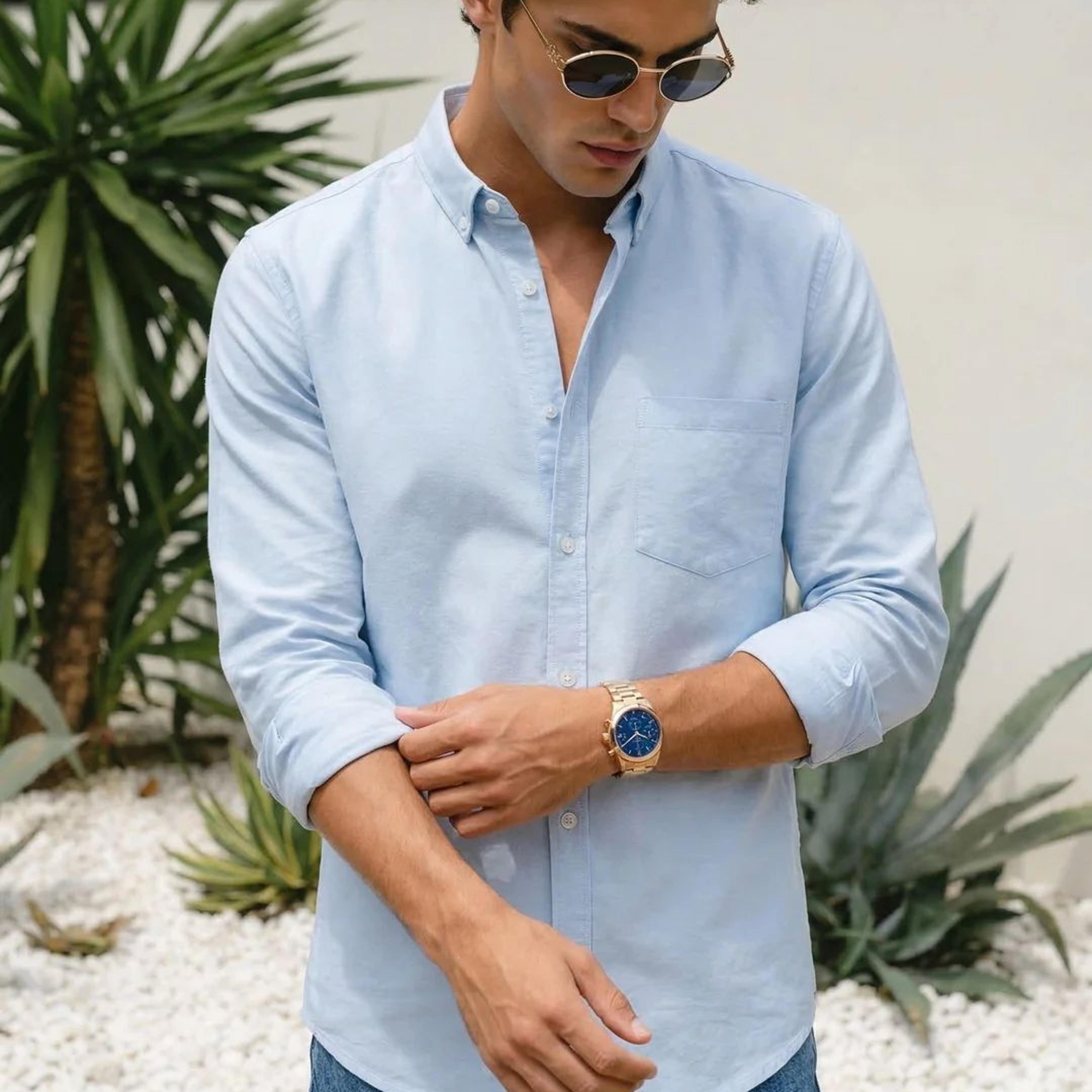 Men's Light Blue Cotton Full Sleeve Regular Fit Solid Oxford Shirt With Button-Down Collar