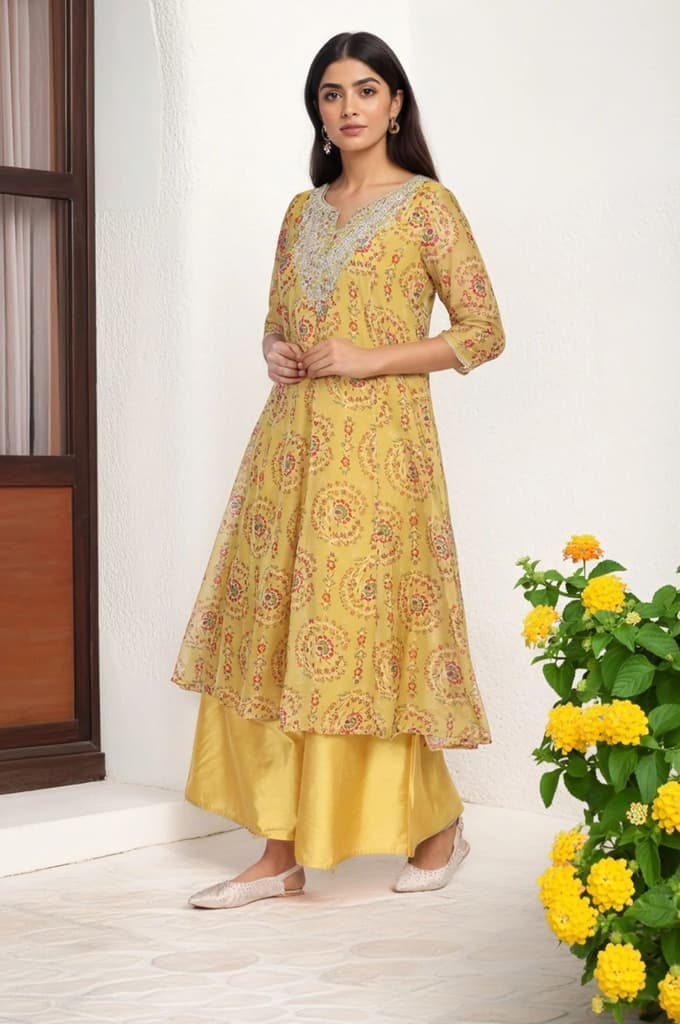 Yellow Embroidered Anarkali Organza Kurta with Flared Pant and Dupatta Set — photo 6