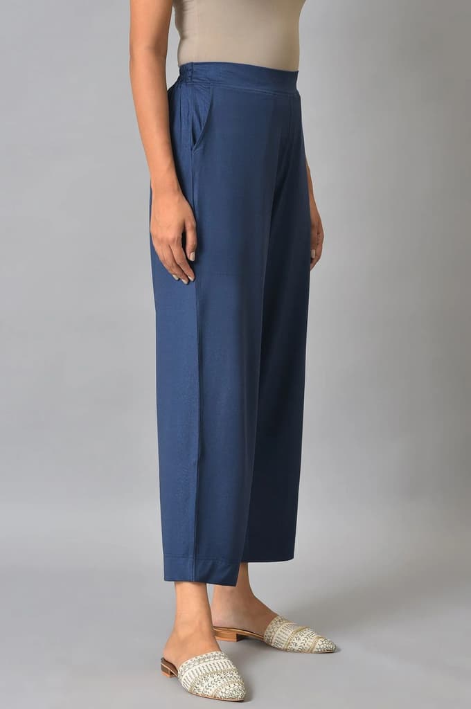 Blue Solid Straight Fit Palazzo With Side Pockets — photo 4