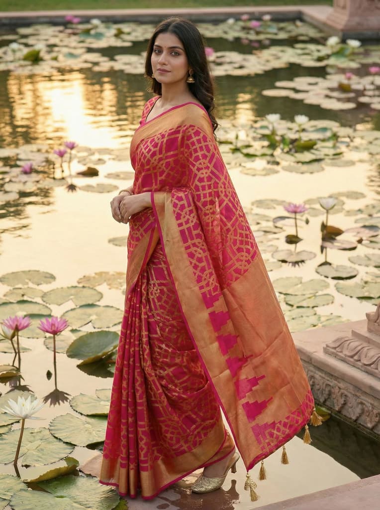MIMOSA Women's Woven Design Banarasi Style Art Silk Saree with Blouse Piece - Rani ( SA00003121RNFREE ) — photo 3