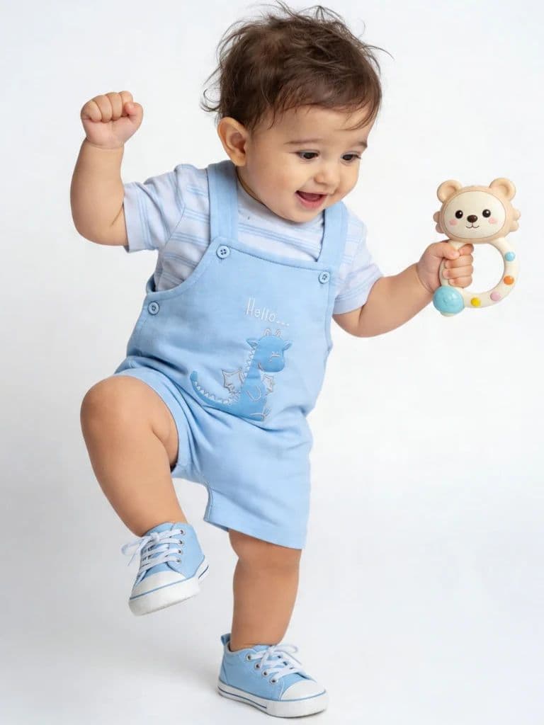 HOP Baby Boys Blue Cotton Dungaree with T-Shirt Set