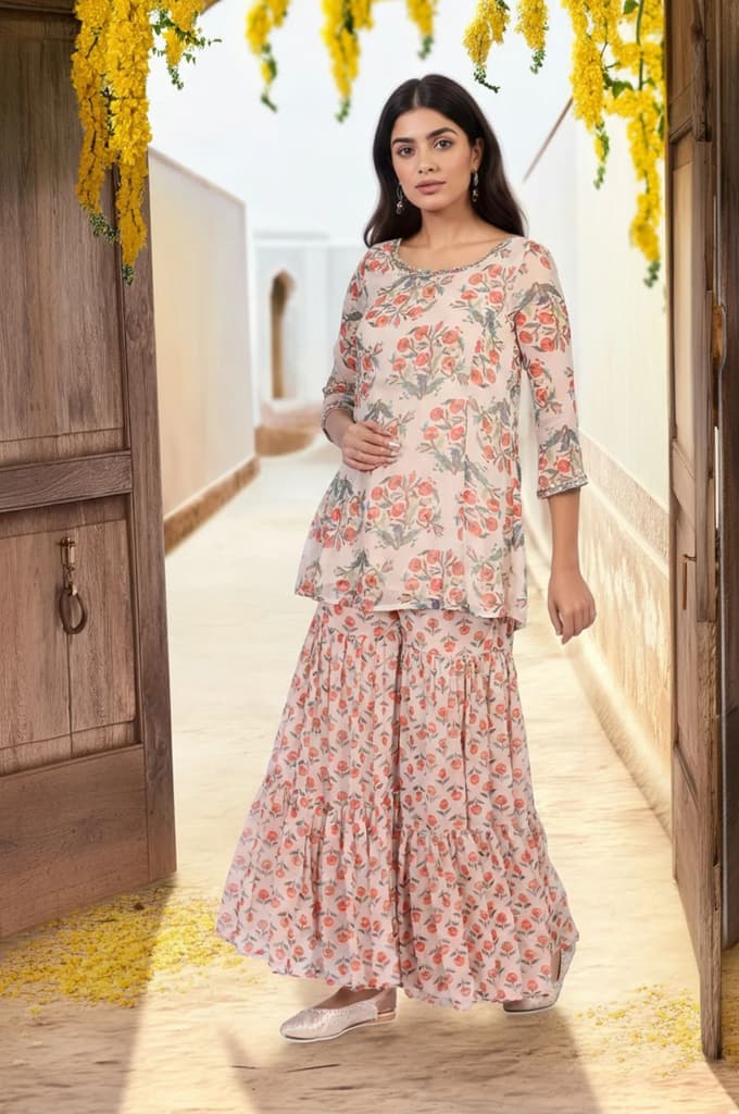 Beige Floral Embellished Peplum Chiffon Kurta with Sharara and Dupatta Set — photo 6