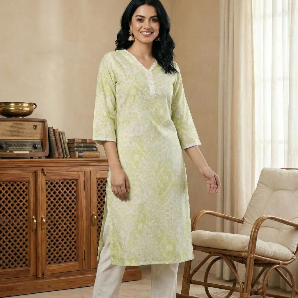 Lime Green Lace Floral Printed Pure Cotton Straight Kurta