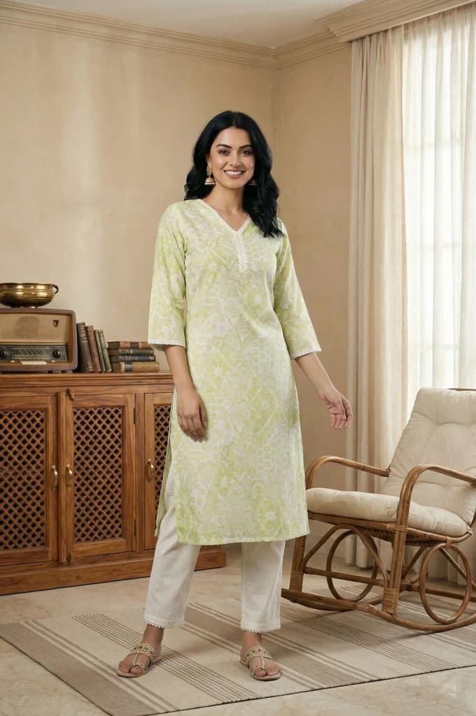 Lime Green Lace Floral Printed Pure Cotton Straight Kurta