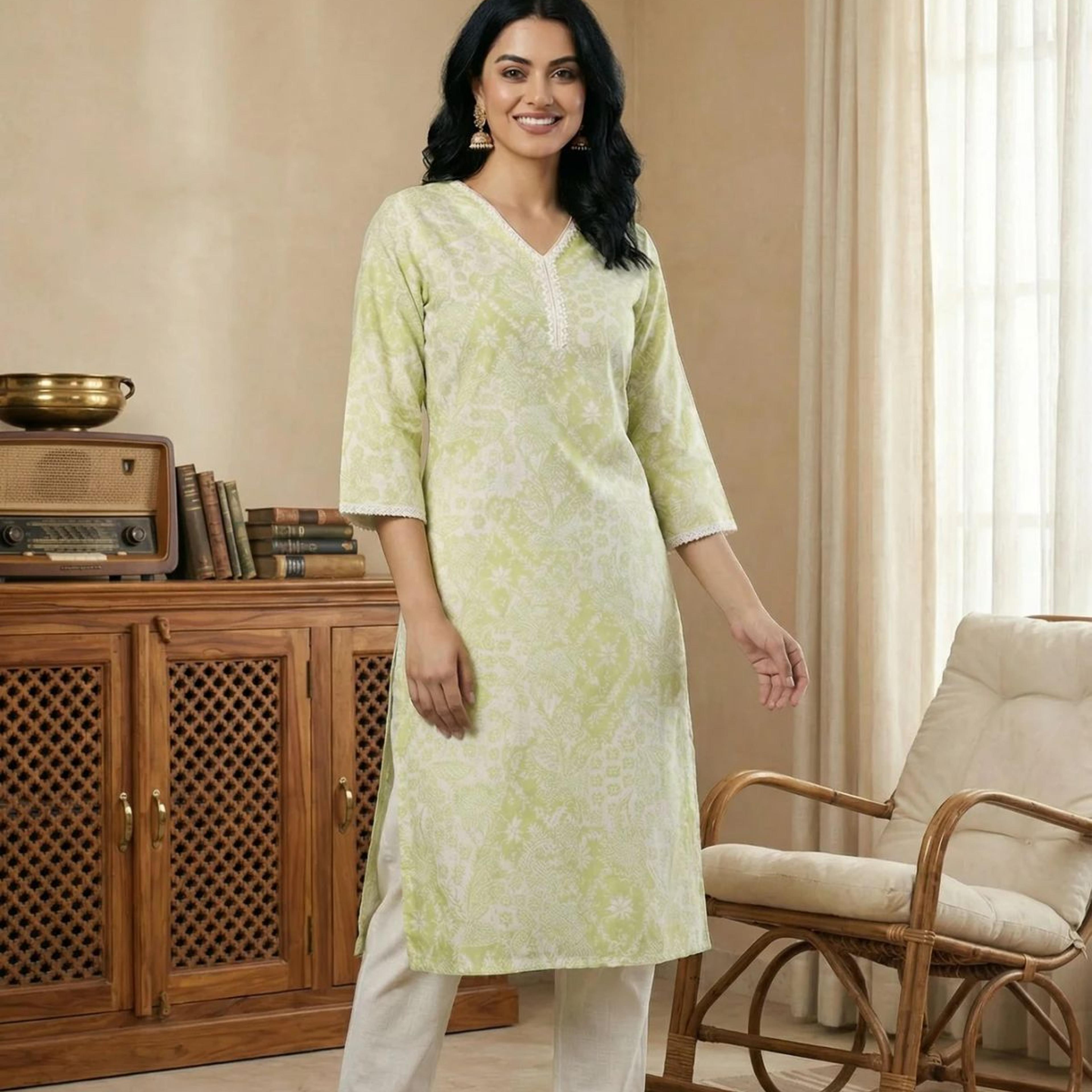 Lime Green Lace Floral Printed Pure Cotton Straight Kurta