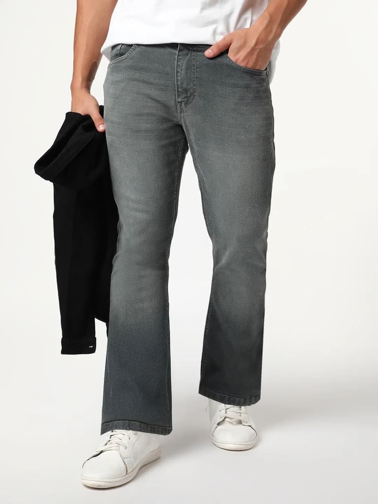 Men's Grey Bootcut Fit Mid Rise Heavy Washed Jeans Stretchable — photo 2