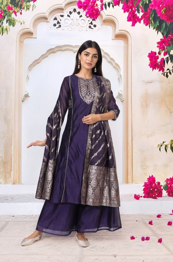 Purple Embroidered A-Line Chanderi Kurta with Flared Pant and Dupatta Set — XS