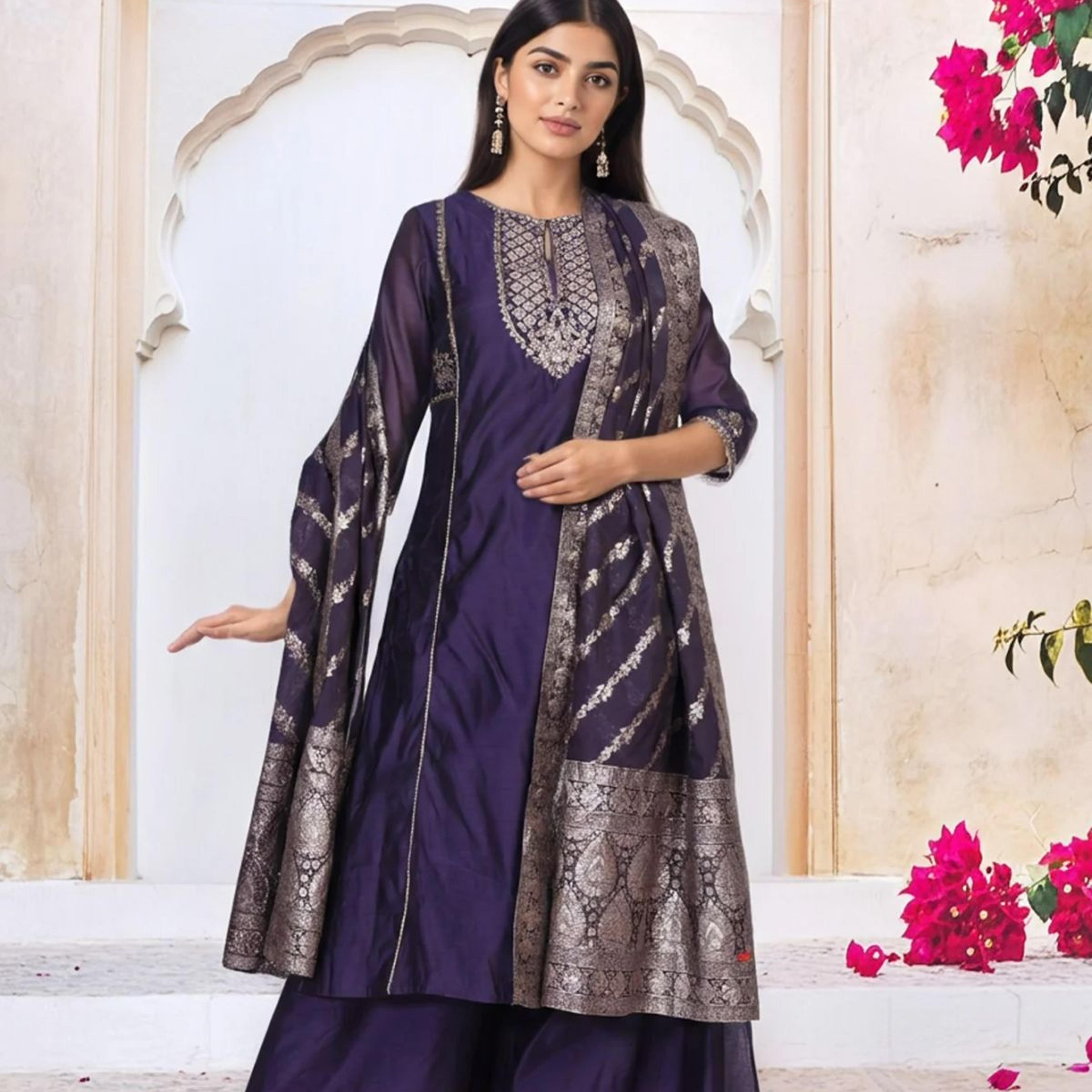 Purple Embroidered A-Line Chanderi Kurta with Flared Pant and Dupatta Set