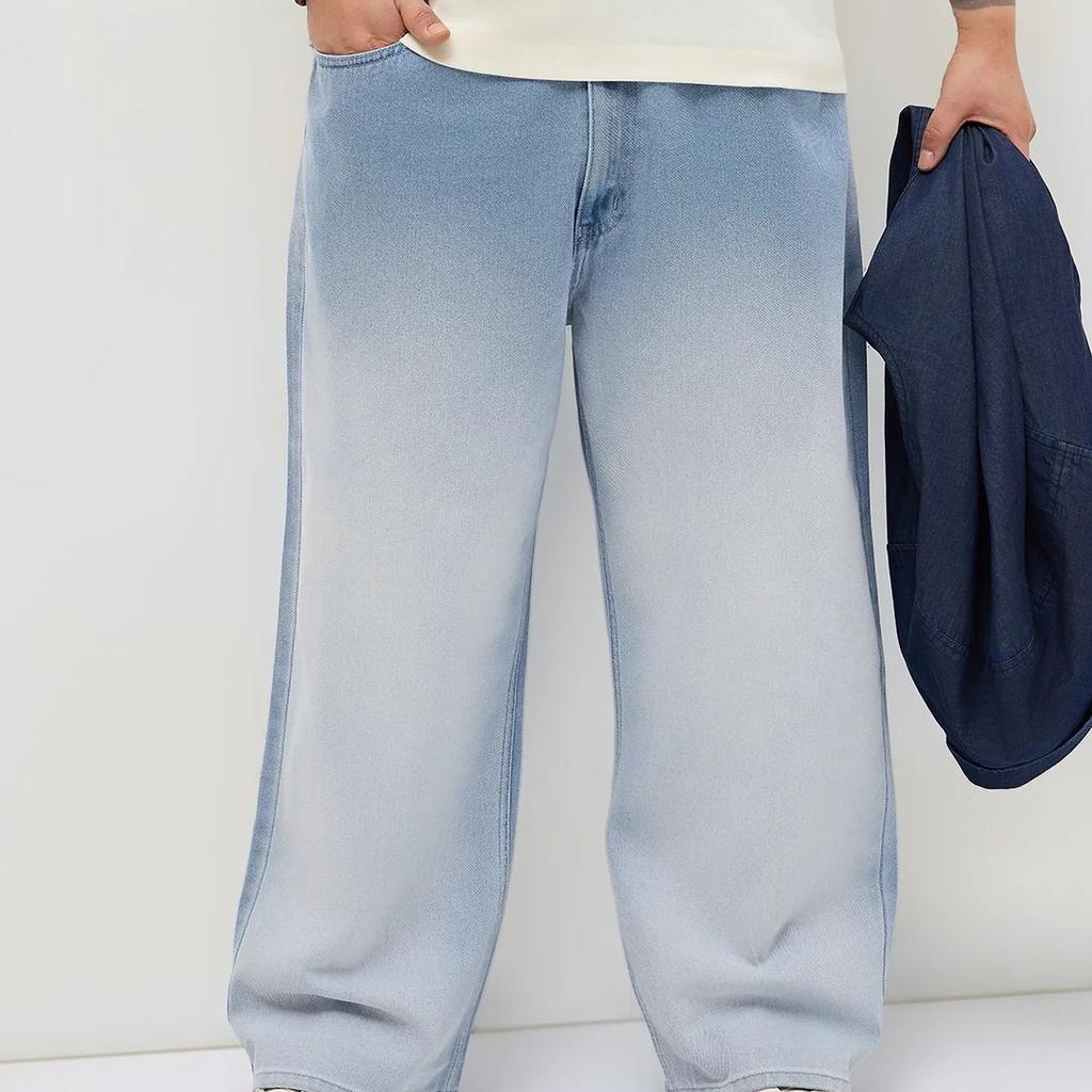 Plus Men's Ice Blue Loose Baggy Fit Heavy Washed Faded Denim Jeans Non-Stretchable