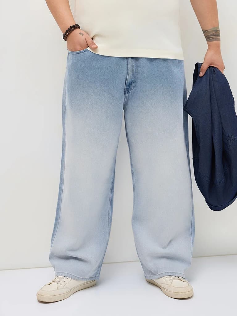 Plus Men's Ice Blue Loose Baggy Fit Heavy Washed Faded Denim Jeans Non-Stretchable — 36 / Ice Blue