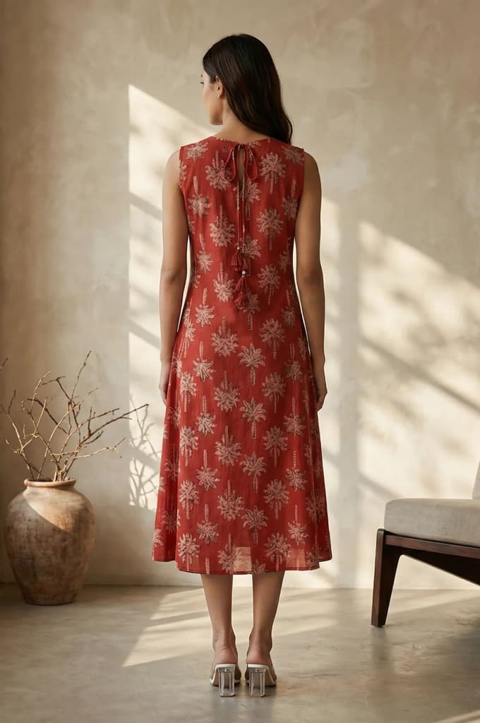 Red Floral Printed Pure Cotton A-line Dress — photo 4
