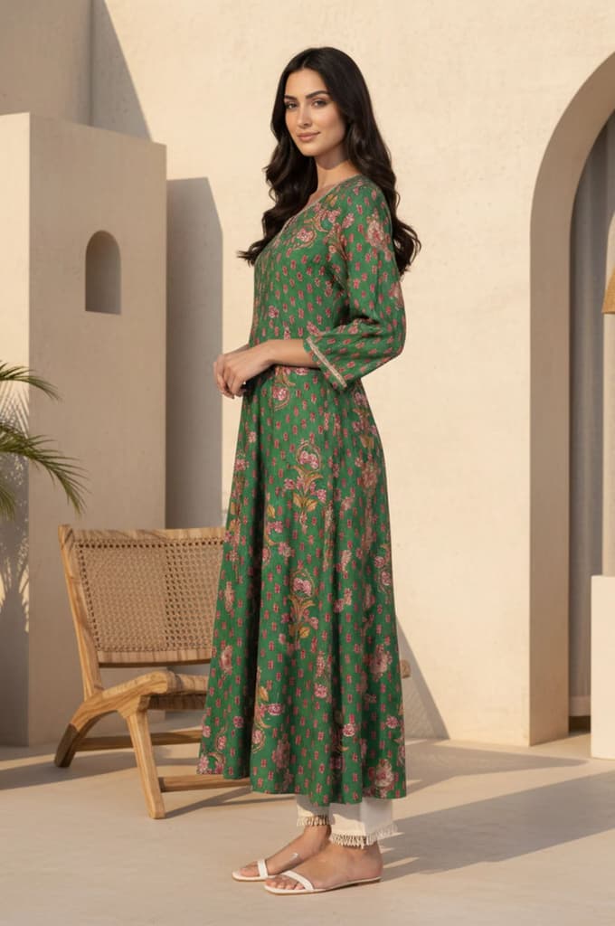 Green Floral Printed Tape Zari Anarkali Kurta — photo 3