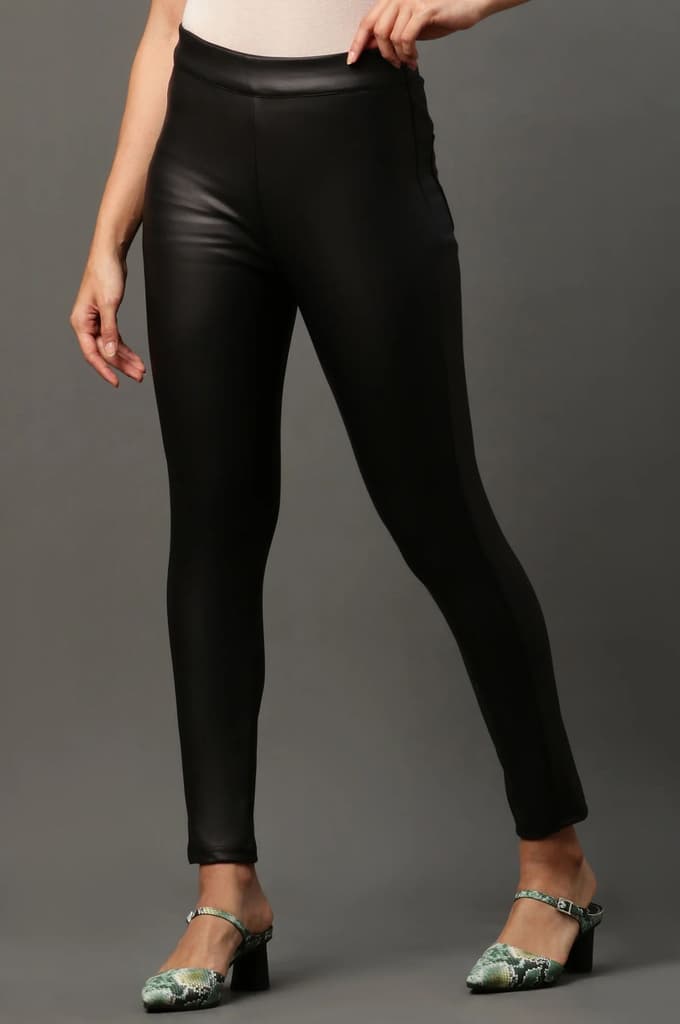 Black Solid Slim Fit Pants With Side Zip — photo 2