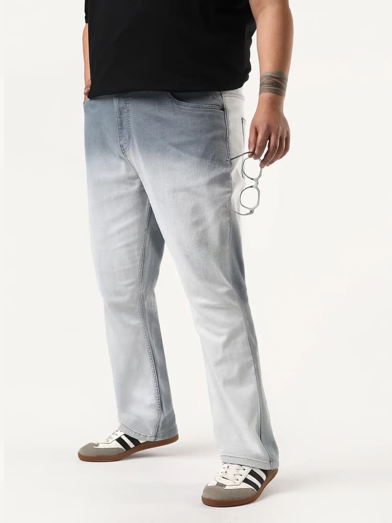 Plus Men's Light Grey Straight Fit Heavy Washed Faded Denim Jeans Stretchable — photo 2