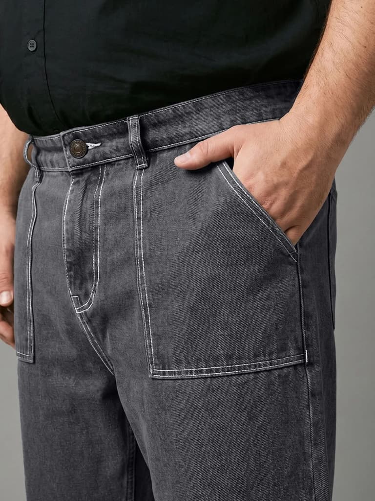 Plus Men's Dark Grey Loose Baggy Fit Washed Denim Jeans Non-Stretchable — photo 5