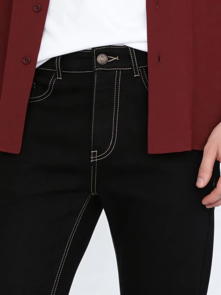 Men's Black Straight Fit Raw Washed Denim Jeans Stretchable — photo 5