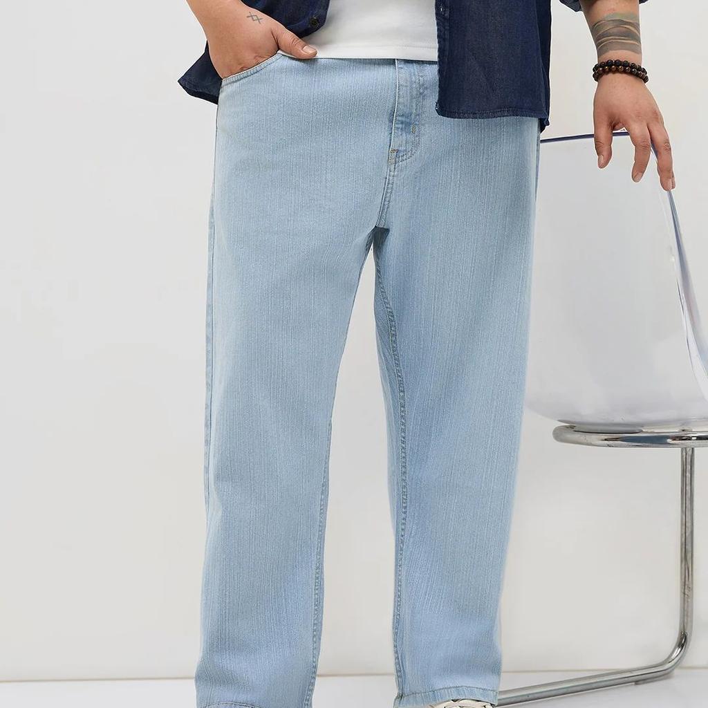 Plus Men's Ice Blue Straight Fit Washed Denim Jeans Stretchable