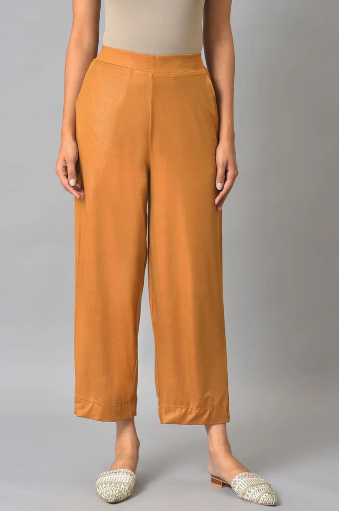 Brown Solid Straight Fit Palazzo With Slip On Closure
