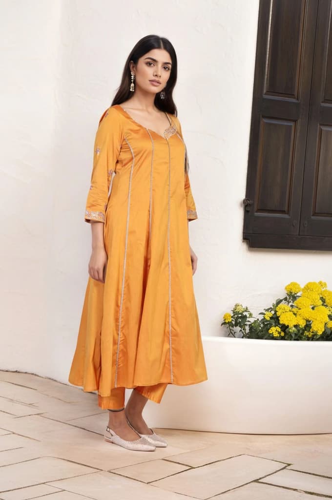 Yellow Embroidered Anarkali Jacquard Kurta with Straight Pant and Dupatta Set — photo 4