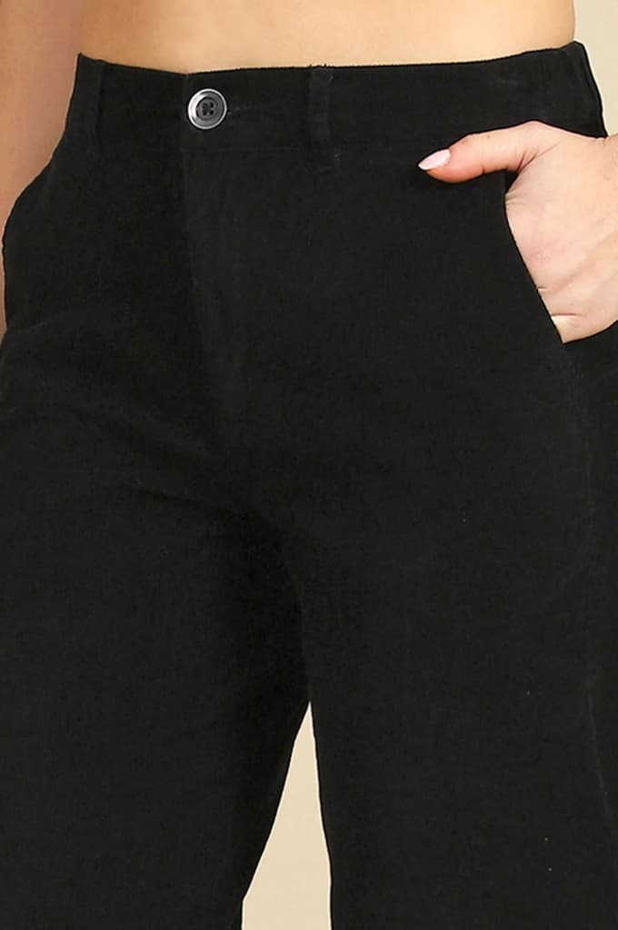 Black Solid Straight Fit Cotton Pants with YKK Zipper — photo 3