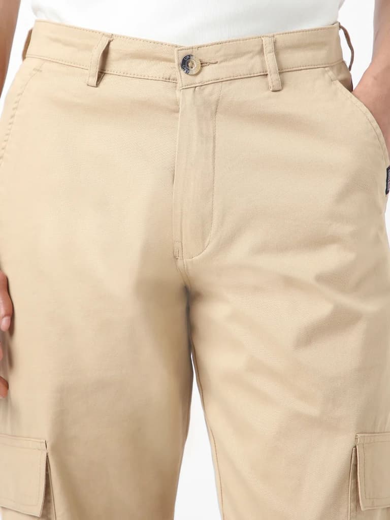 Men's Beige Regular Fit Solid Cargo Chino Pant with 6 Pockets Stretchable — photo 6