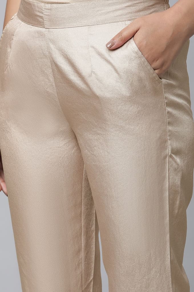 Gold Solid Straight Fit Satin Pants With Elasticated Waist — photo 7