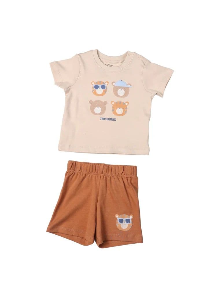 HOP Baby Boys Beige Printed Cotton T-Shirt and Shorts Set — photo 2