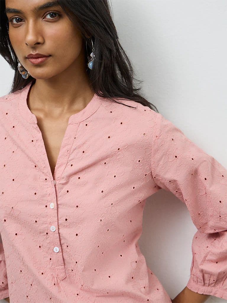 Utsa Pink Floral Embroidered Cotton Tunic — photo 3