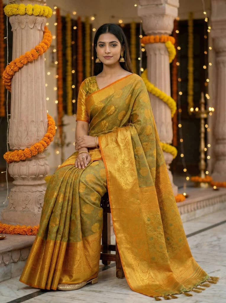 MIMOSA Women's Woven Design Kanjivaram Style Art Silk Saree with Blouse Piece - Mustard ( SA00003142MSFREE ) — photo 4