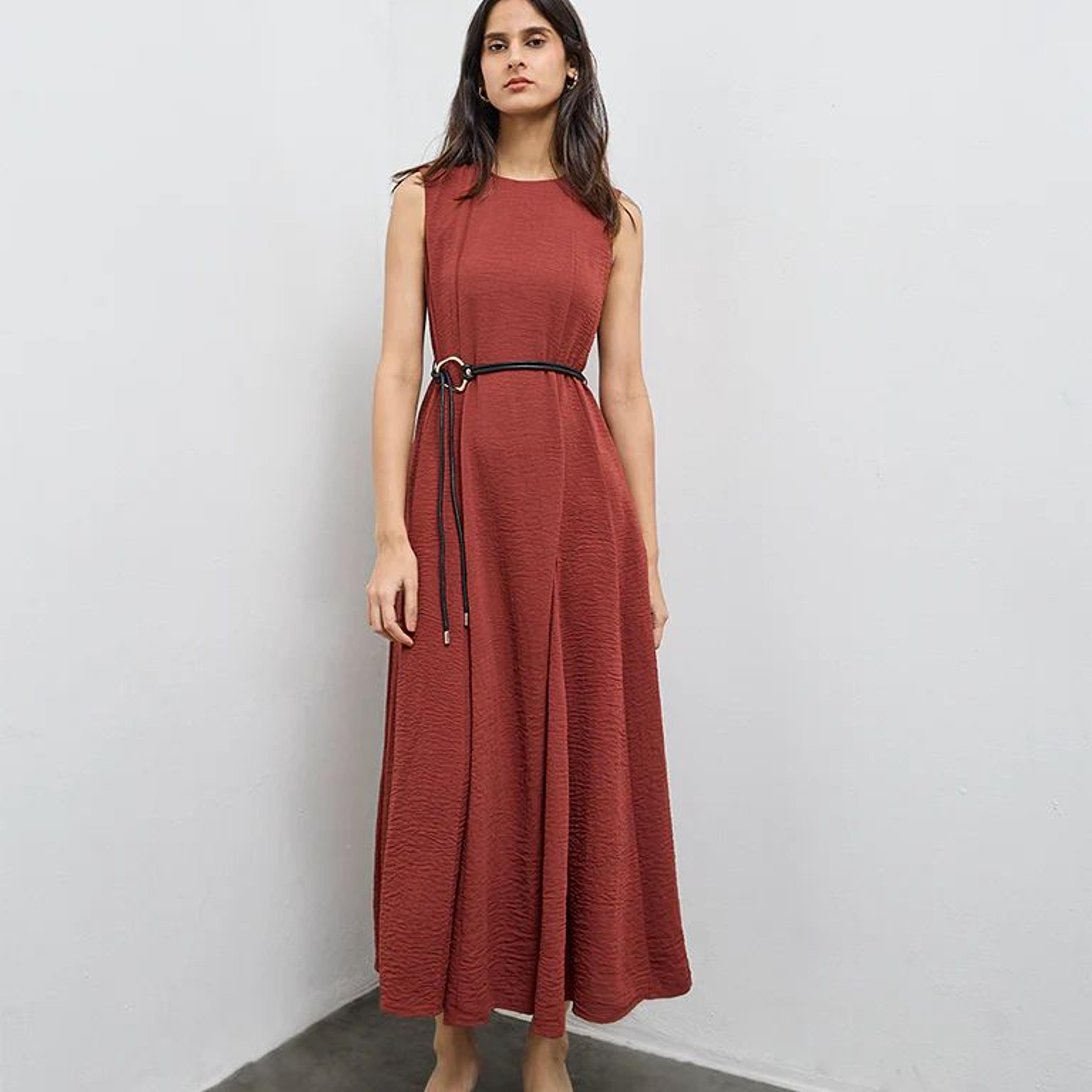 Wardrobe Dark Rust Crinkle-Textured A-Line Dress with Belt