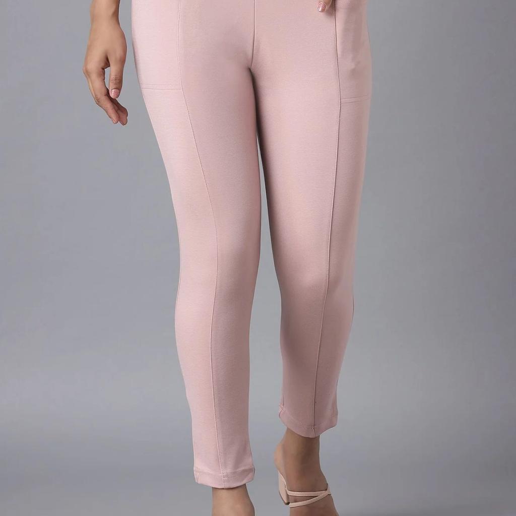 Pink Solid Straight Fit Tights With Elasticated Waist