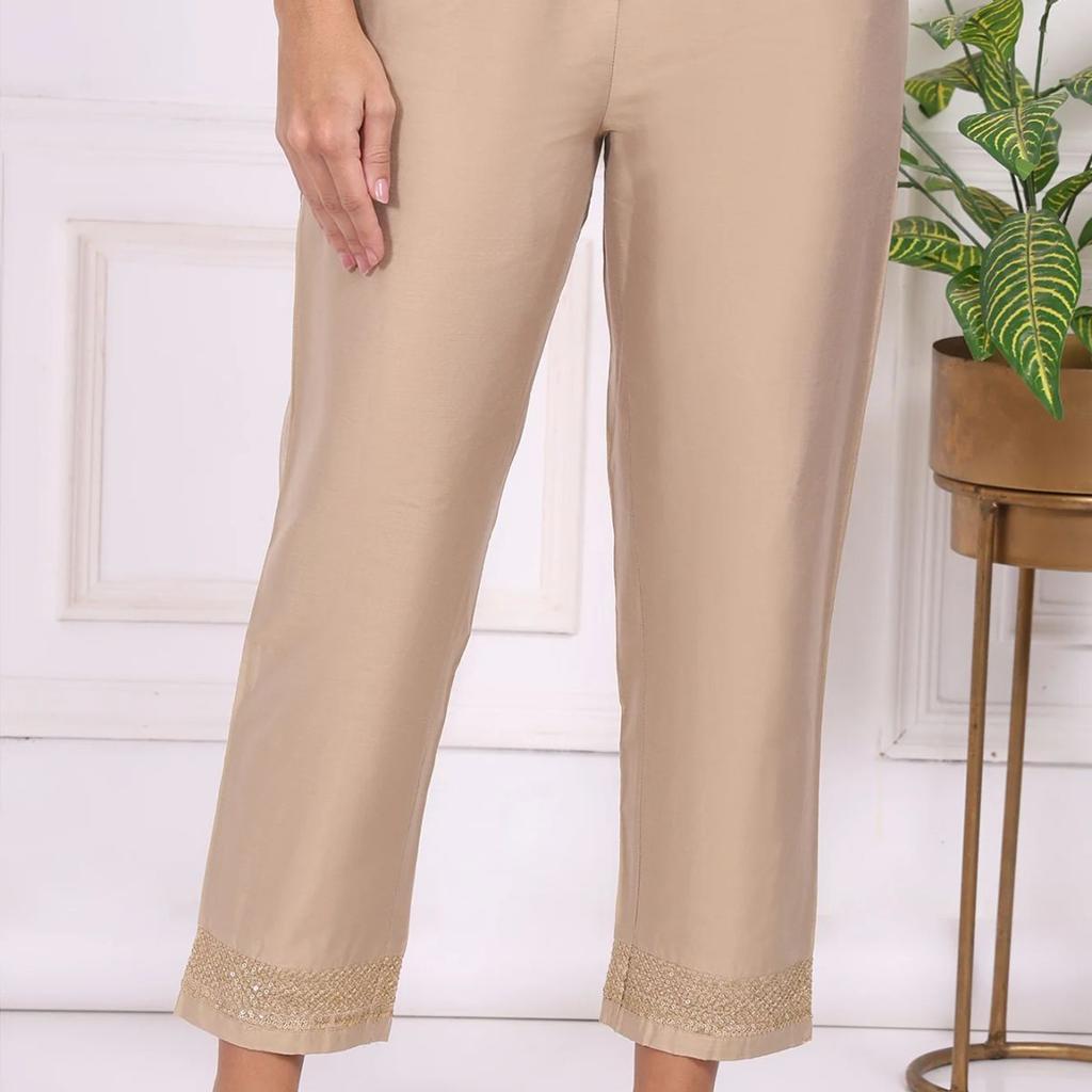 Beige Solid Embroidered Mid Rise Ankle Length Straight Pants