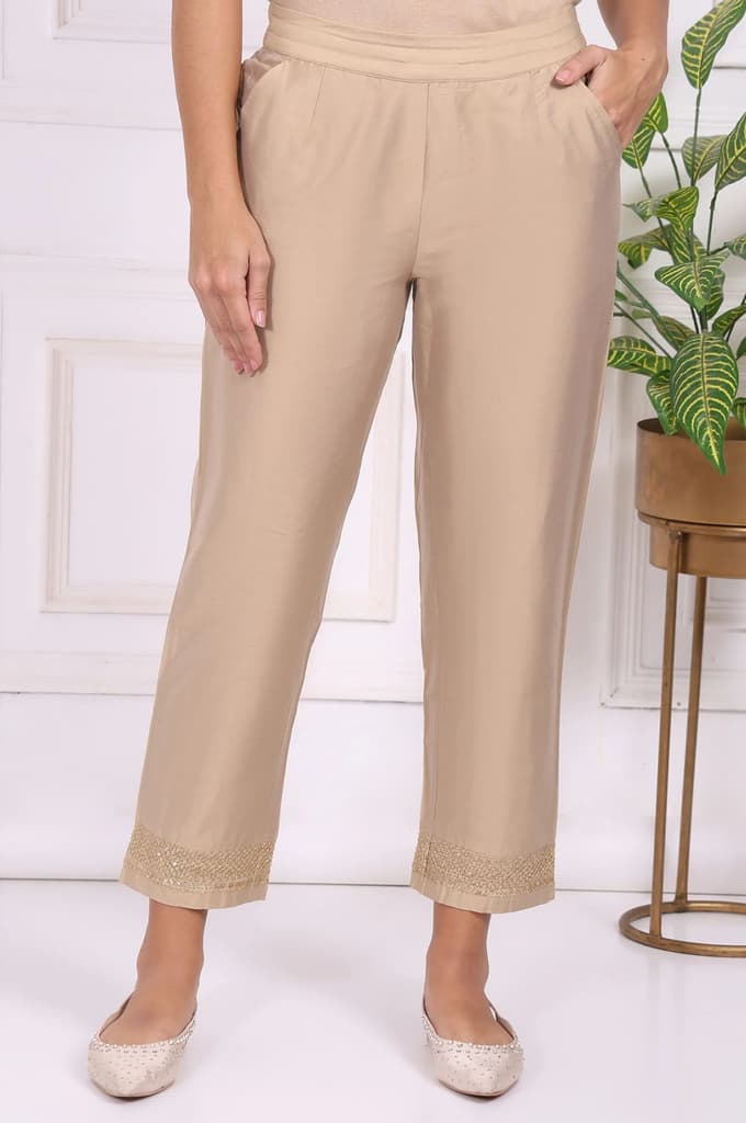 Beige Solid Embroidered Mid Rise Ankle Length Straight Pants