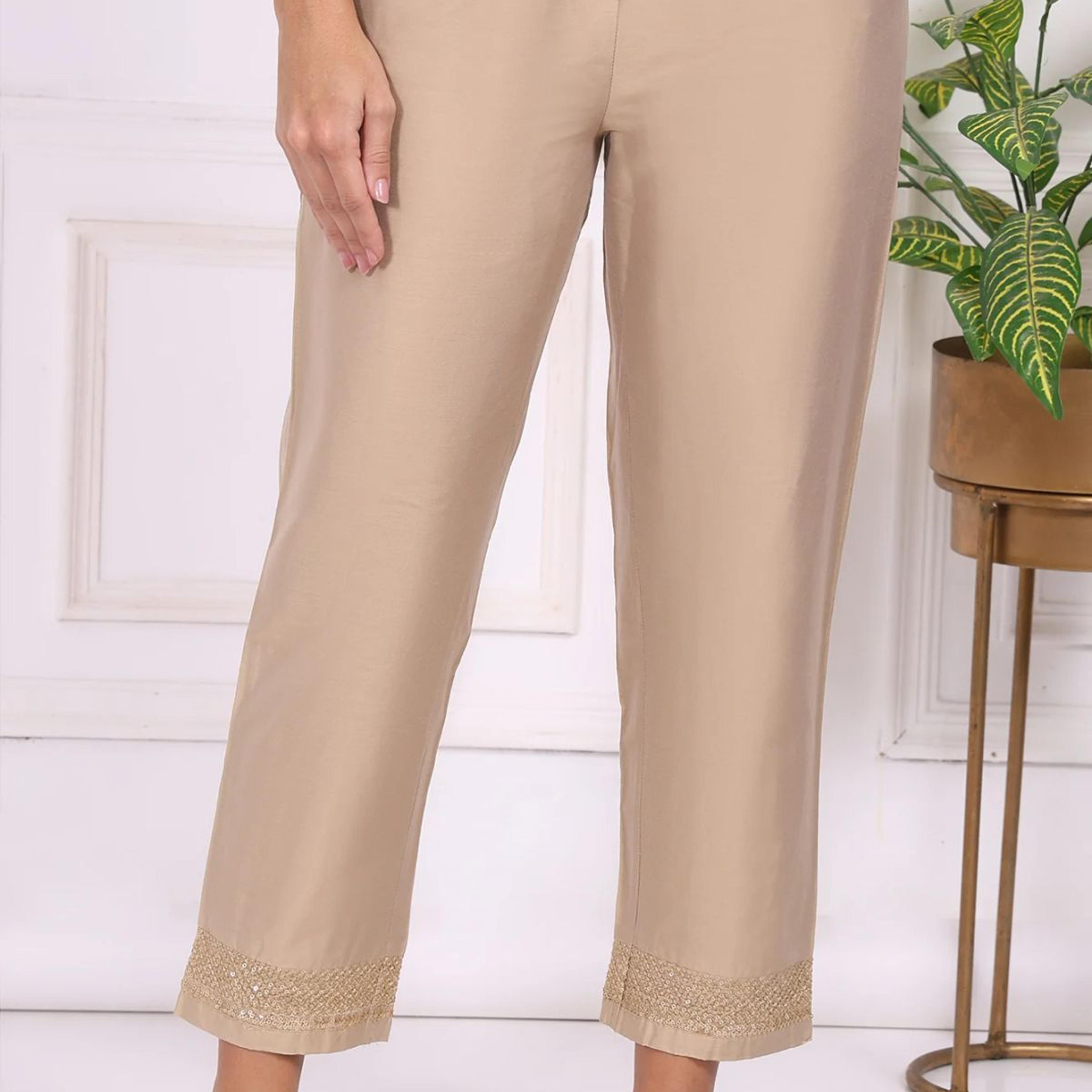 Beige Solid Embroidered Mid Rise Ankle Length Straight Pants