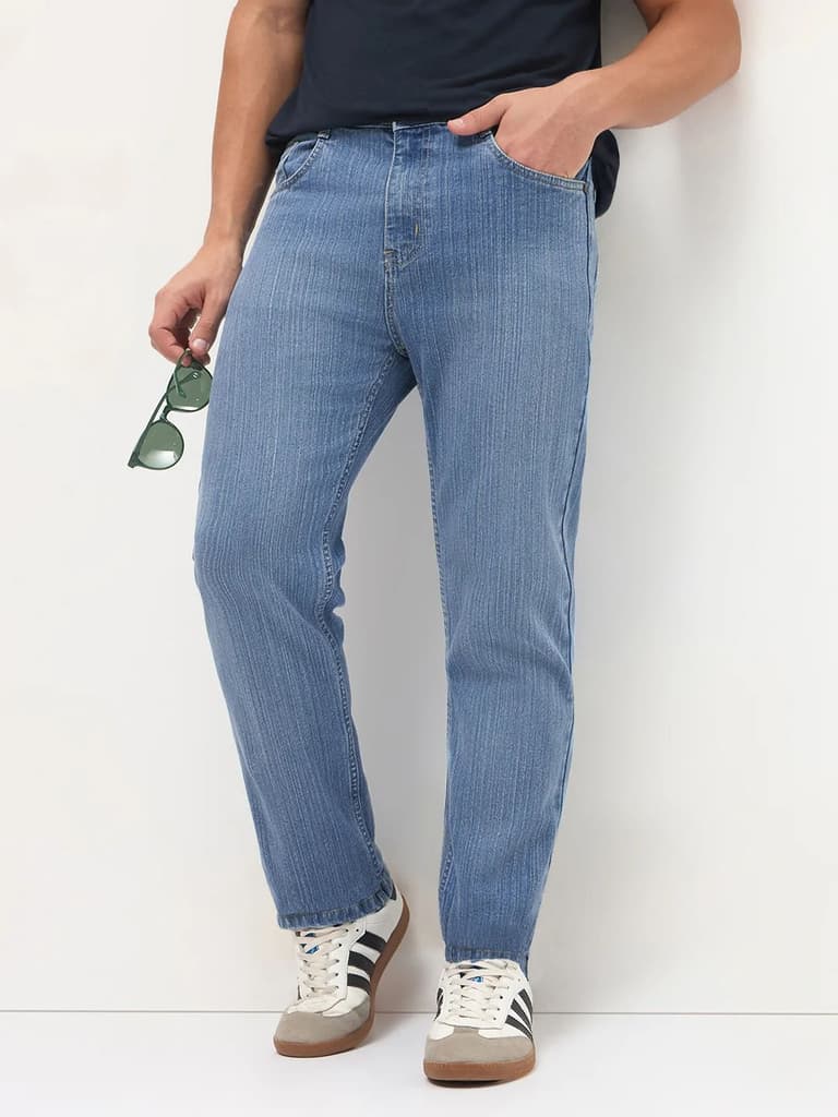 Men's Light Blue Straight Fit Washed Denim Jeans Stretchable — photo 2