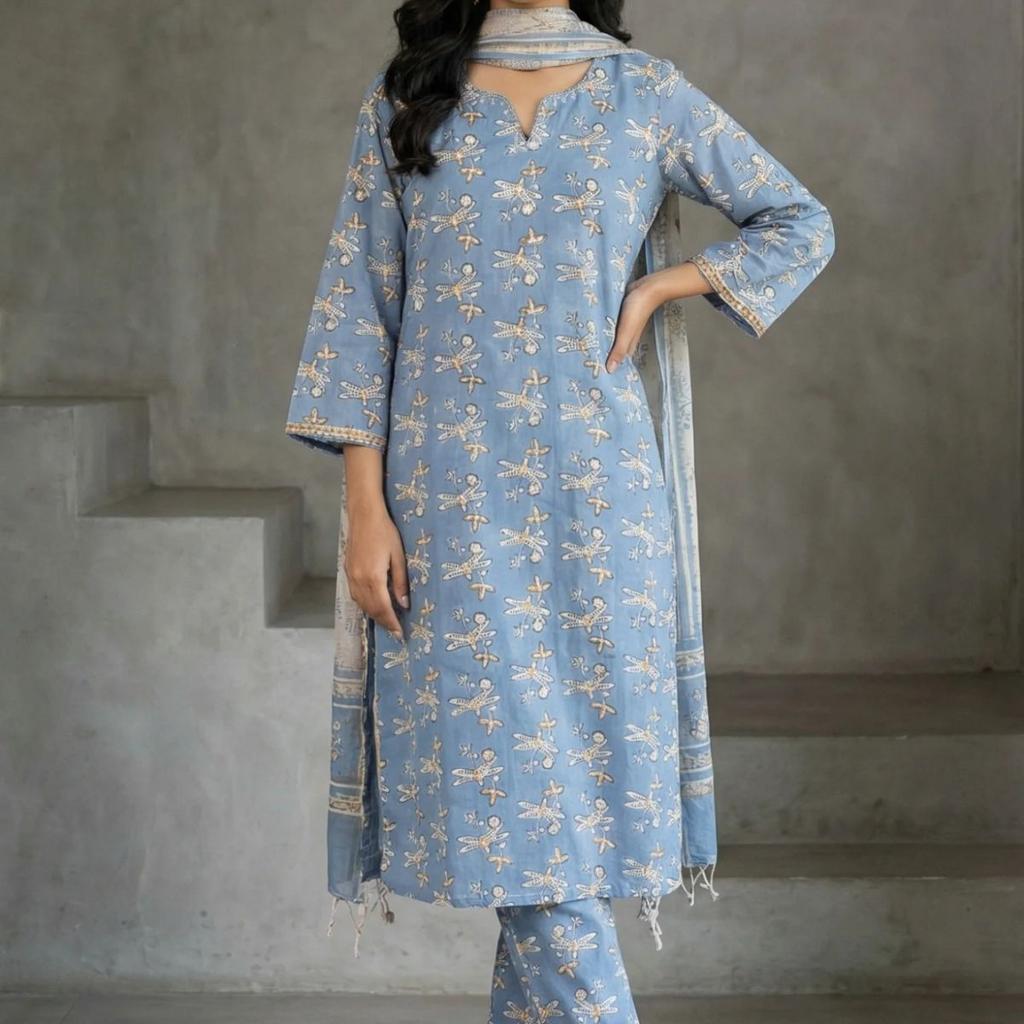 Blue Block Printed Pure Cotton Straight Kurta with Pants and Dupatta Set