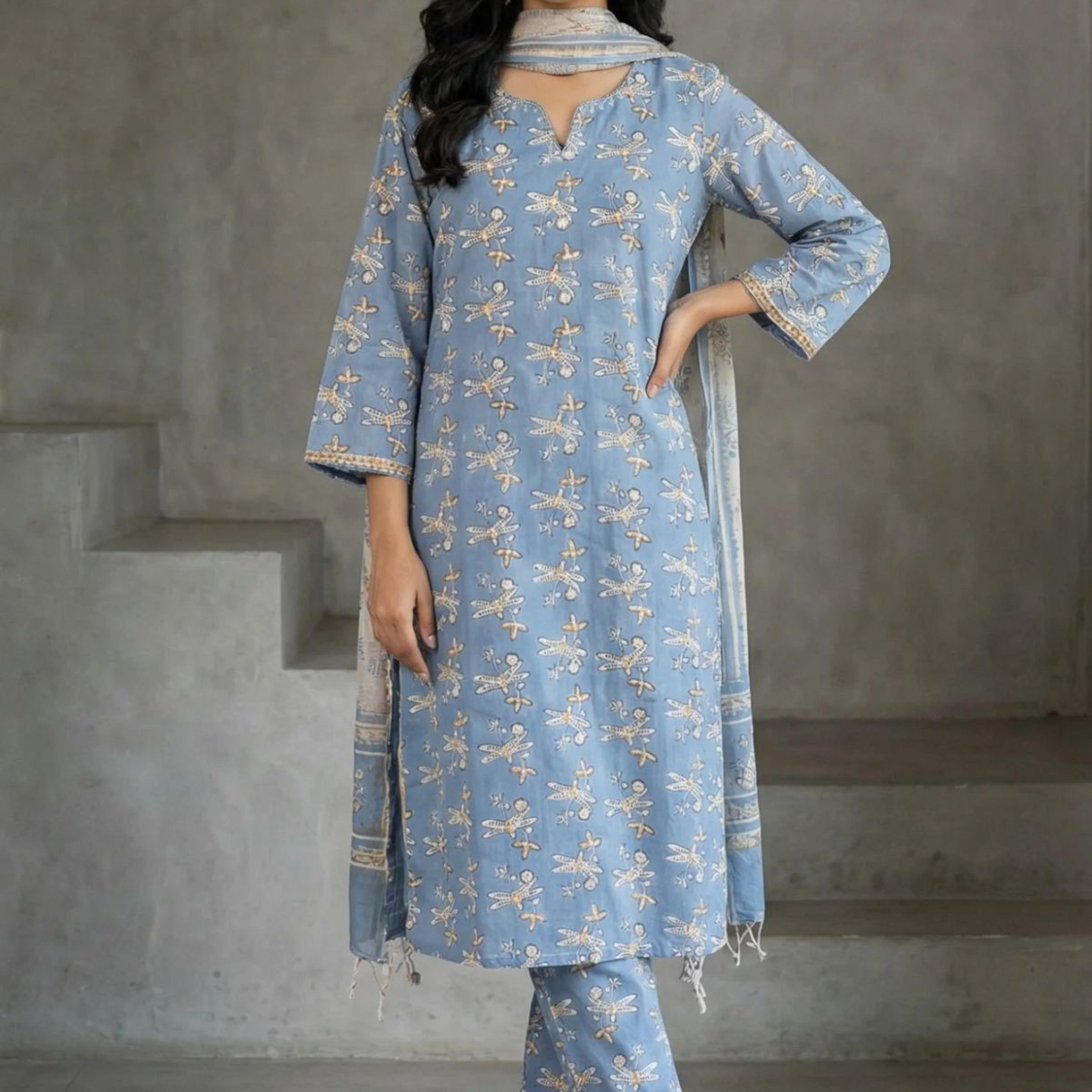 Blue Block Printed Pure Cotton Straight Kurta with Pants and Dupatta Set
