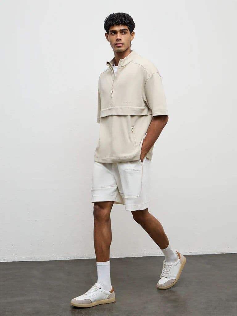 Nuoflexx Beige Relaxed-Fit Cotton-Blend Quarter-Zip Sweatshirt — photo 3