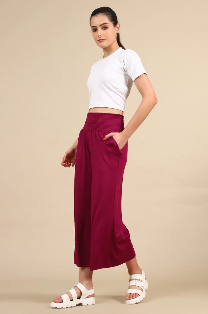 Purple Solid Flared Pants With Smoked Waist — photo 5