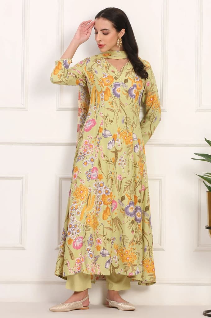 Light Green Floral Printed Rayon Anarkali Kurta, Pant and Dupatta Set — photo 2