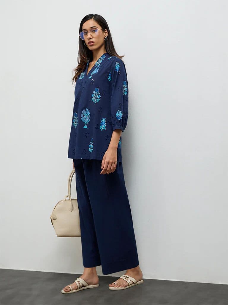 Utsa Navy Floral Printed Cotton Tunic — photo 2