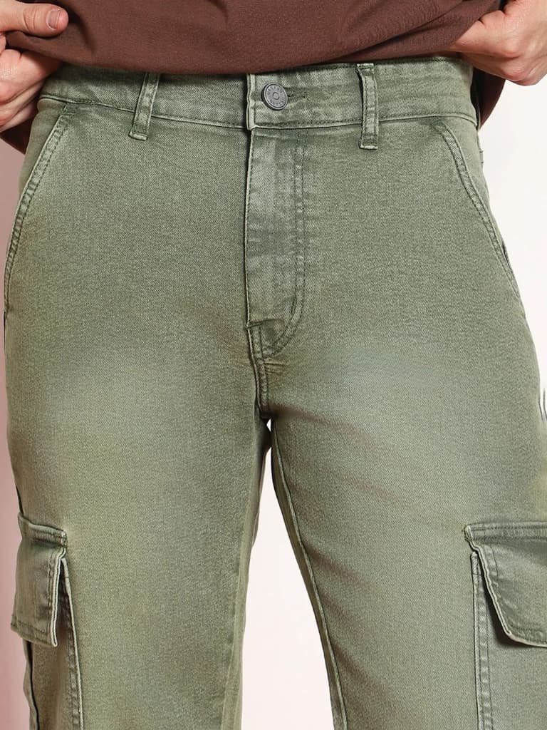 Men's Olive Green Regular Fit Washed Cargo Jeans With 6 Pockets Stretchable — photo 7