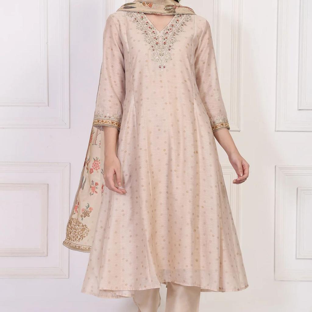 Beige Embroidered A-Line Chanderi Kurta with Straight Pant and Dupatta Set